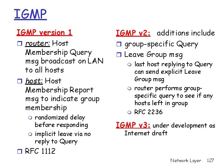 IGMP version 1 r router: Host Membership Query msg broadcast on LAN to all