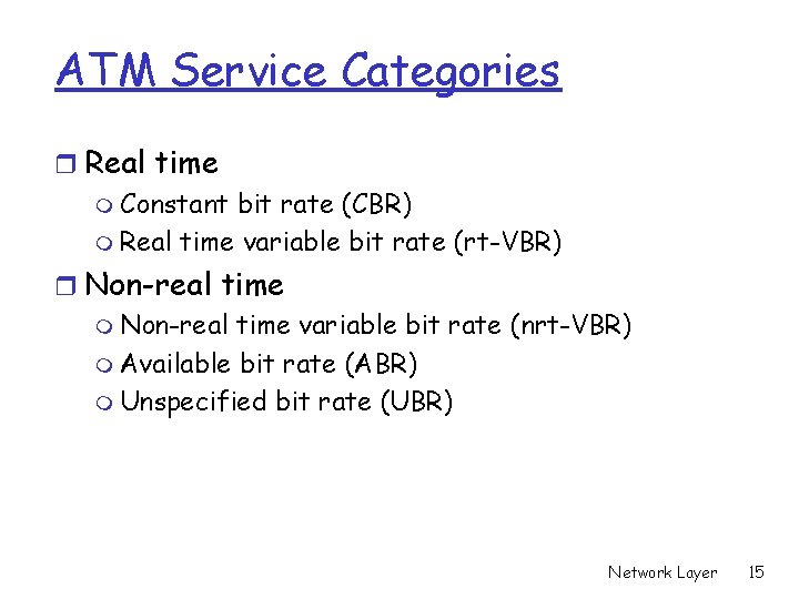 ATM Service Categories r Real time m Constant bit rate (CBR) m Real time