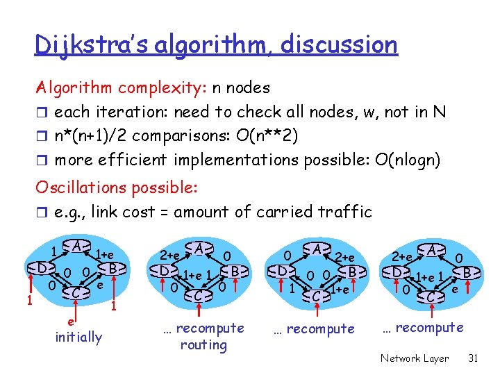 Dijkstra’s algorithm, discussion Algorithm complexity: n nodes r each iteration: need to check all