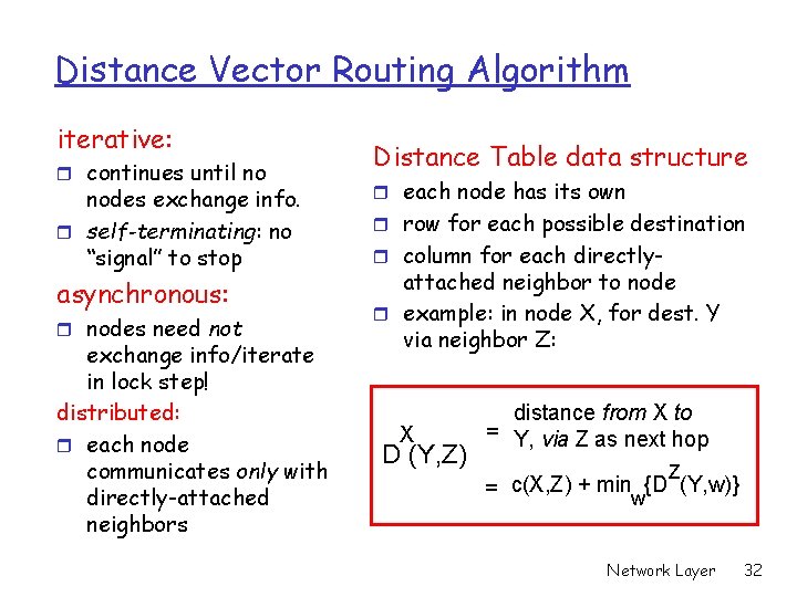 Distance Vector Routing Algorithm iterative: r continues until no nodes exchange info. r self-terminating: