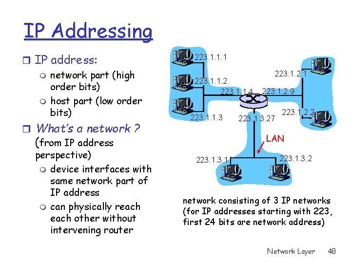 IP Addressing r IP address: m network part (high order bits) m host part
