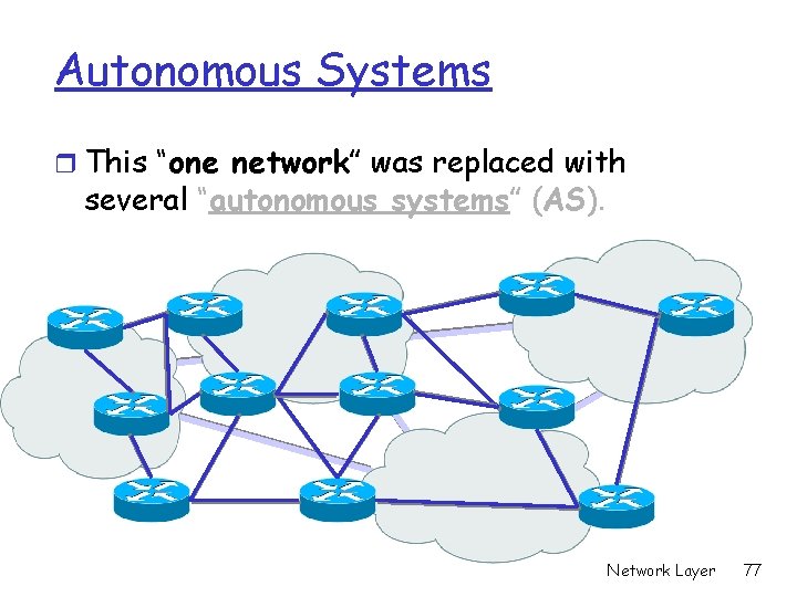 Autonomous Systems r This “one network” was replaced with several “autonomous systems” (AS). Network