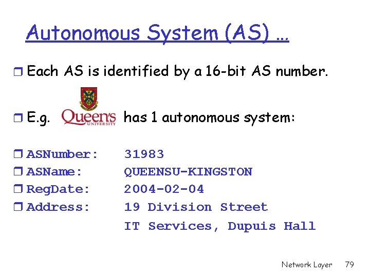 Autonomous System (AS) … r Each AS is identified by a 16 -bit AS