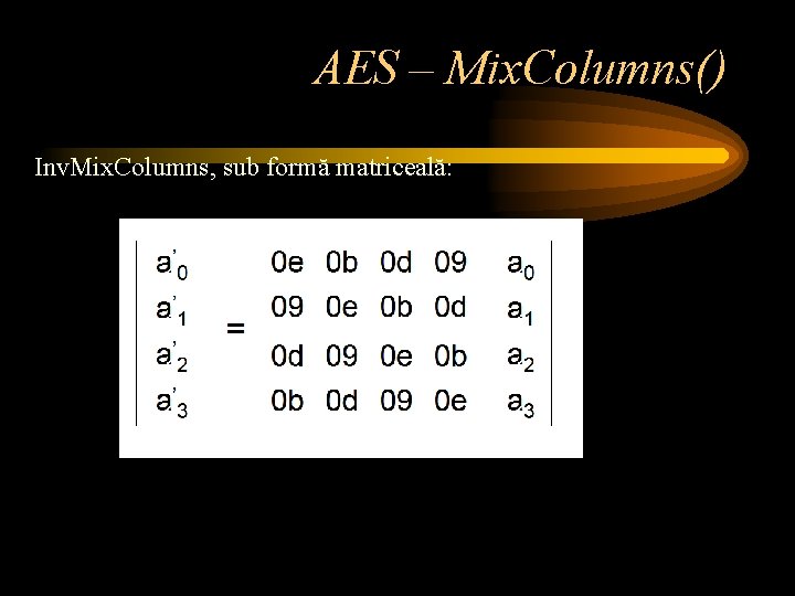 AES – Mix. Columns() Inv. Mix. Columns, sub formă matriceală: 