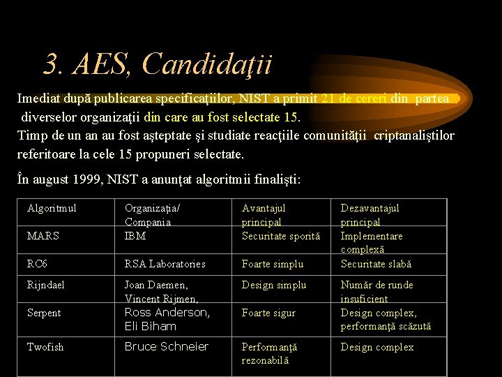 3. AES, Candidaţii Imediat după publicarea specificaţiilor, NIST a primit 21 de cereri din