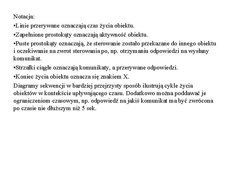 Notacja: • Linie przerywane oznaczają czas życia obiektu. • Zapełnione prostokąty oznaczają aktywność obiektu.