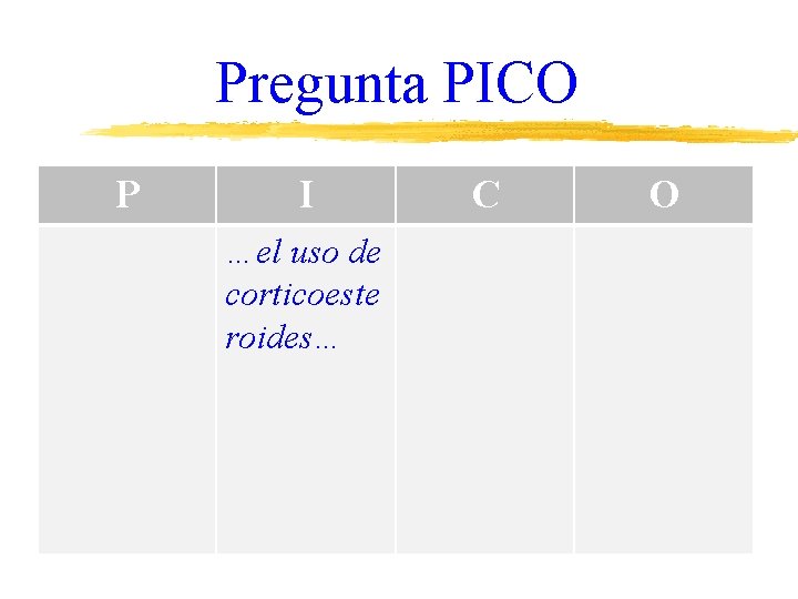 Pregunta PICO P I …el uso de corticoeste roides… C O 