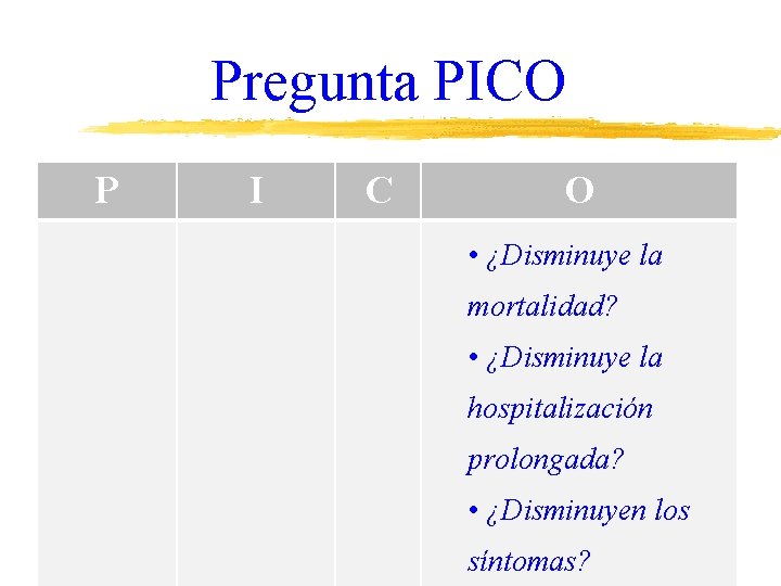 Pregunta PICO P I C O • ¿Disminuye la mortalidad? • ¿Disminuye la hospitalización