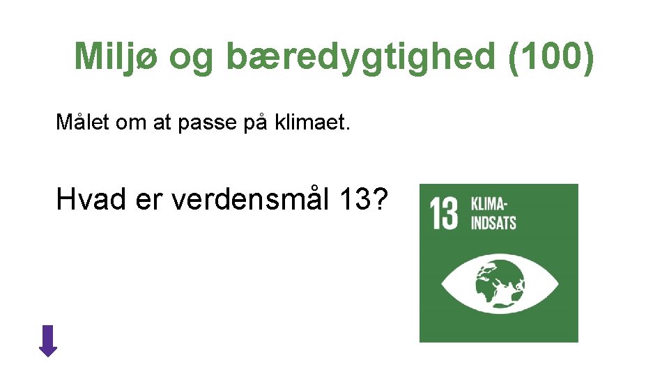 Miljø og bæredygtighed (100) Målet om at passe på klimaet. Hvad er verdensmål 13?