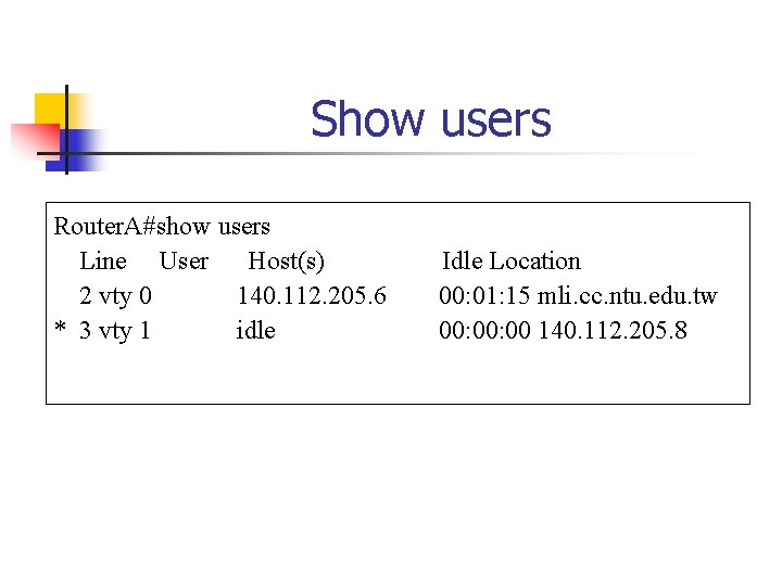 Show users Router. A#show users Line User Host(s) 2 vty 0 140. 112. 205.