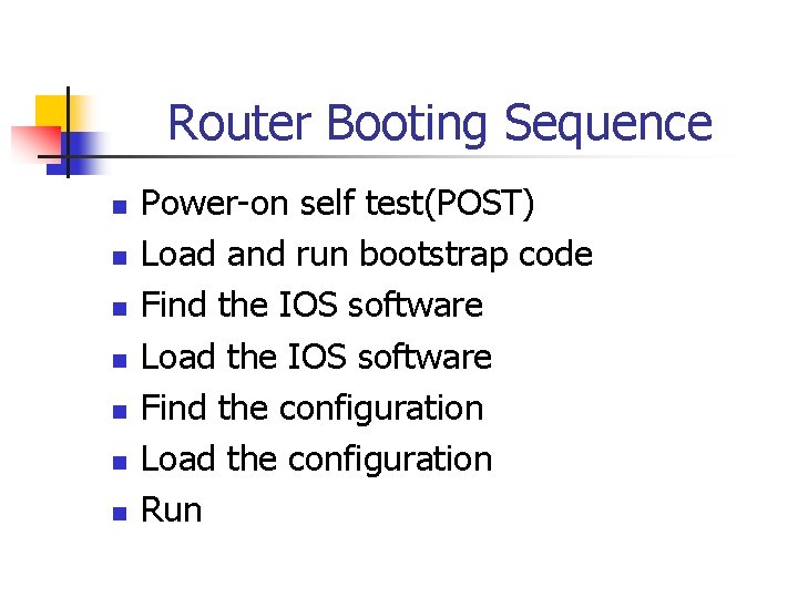 Router Booting Sequence n n n n Power-on self test(POST) Load and run bootstrap