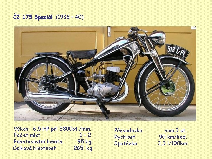 ČZ 175 Speciál (1936 – 40) Výkon 6, 5 HP při 3800 ot. /min.