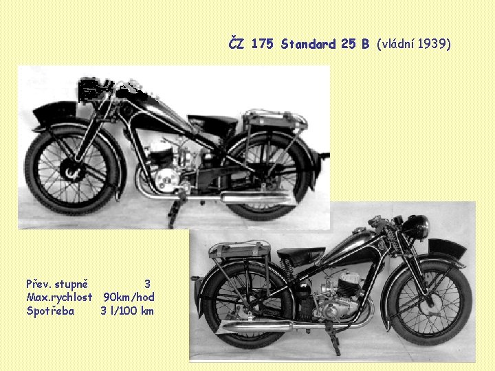 ČZ 175 Standard 25 B (vládní 1939) Přev. stupně 3 Max. rychlost 90 km/hod