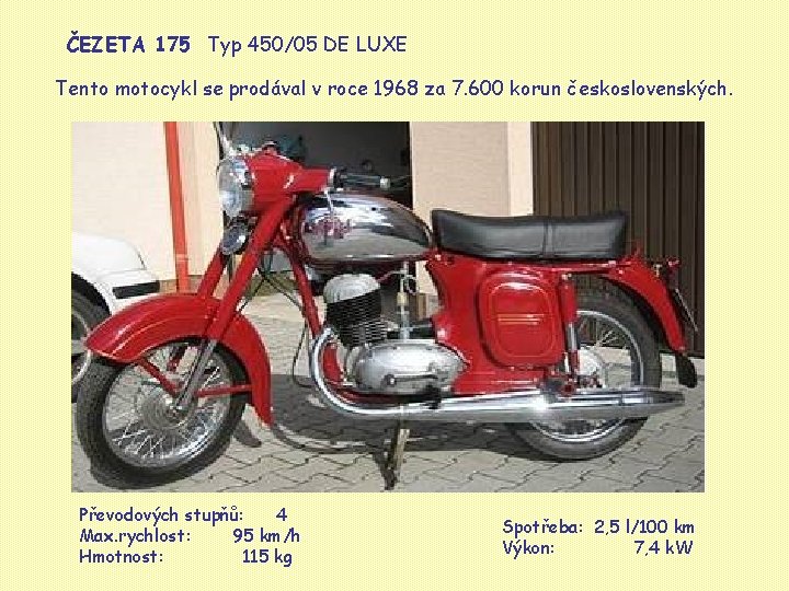 ČEZETA 175 Typ 450/05 DE LUXE Tento motocykl se prodával v roce 1968 za