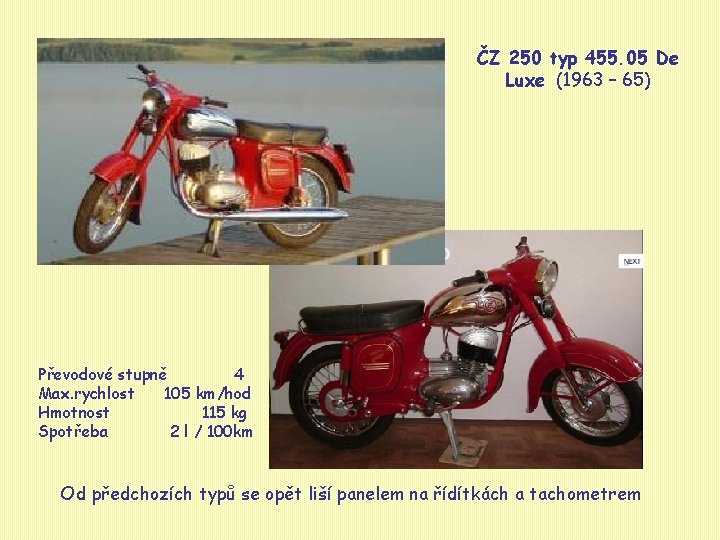 ČZ 250 typ 455. 05 De Luxe (1963 – 65) Převodové stupně 4 Max.