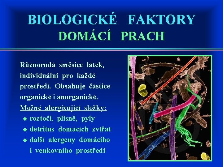 BIOLOGICKÉ FAKTORY DOMÁCÍ PRACH Různorodá směsice látek, individuální pro každé prostředí. Obsahuje částice organické