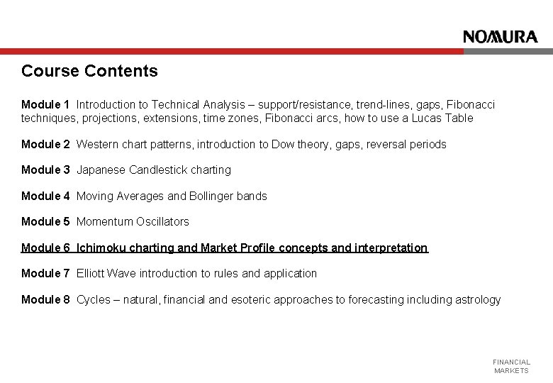 Course Contents Module 1 Introduction to Technical Analysis – support/resistance, trend-lines, gaps, Fibonacci techniques,