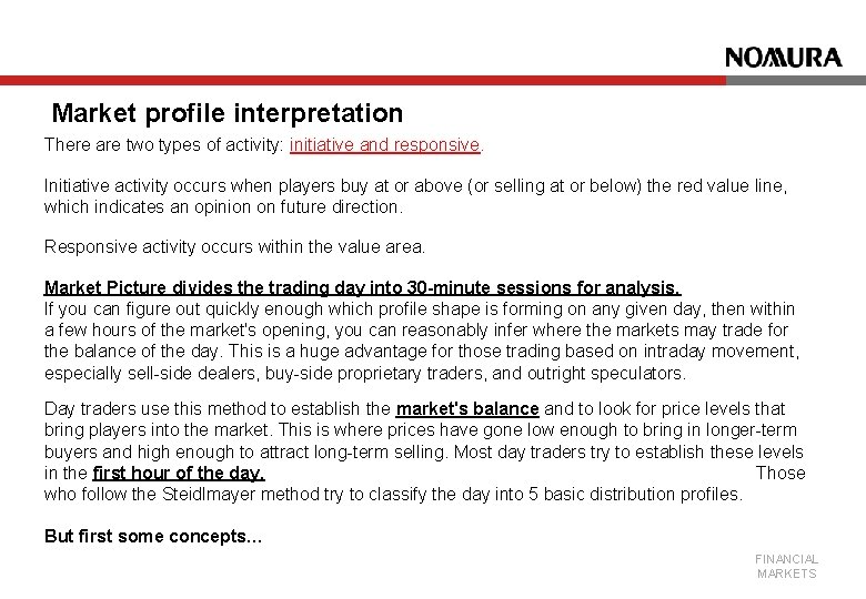 Market profile interpretation There are two types of activity: initiative and responsive. Initiative activity