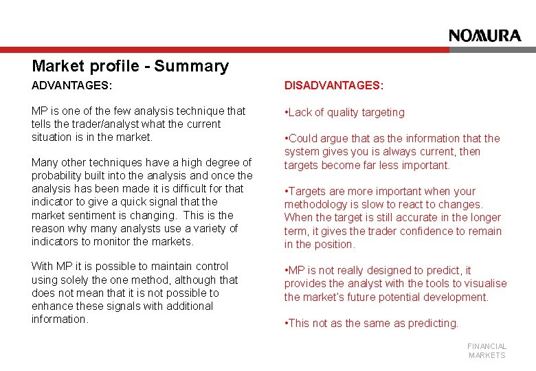 Market profile - Summary ADVANTAGES: DISADVANTAGES: MP is one of the few analysis technique