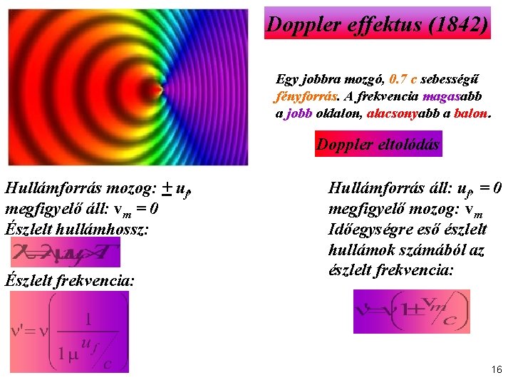 Doppler effektus (1842) Egy jobbra mozgó, 0. 7 c sebességű fényforrás. A frekvencia magasabb