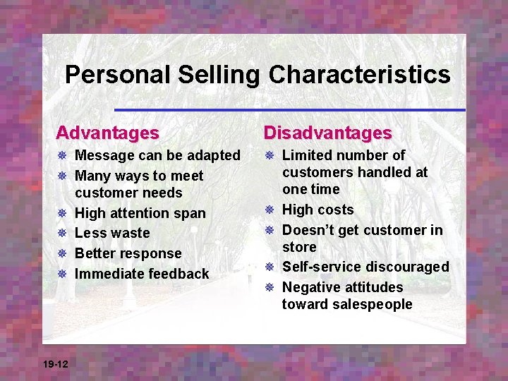 Personal Selling Characteristics Advantages Disadvantages ¯ Message can be adapted ¯ Many ways to