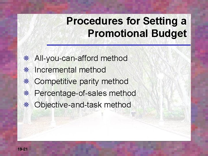 Procedures for Setting a Promotional Budget ¯ ¯ ¯ 19 -21 All-you-can-afford method Incremental