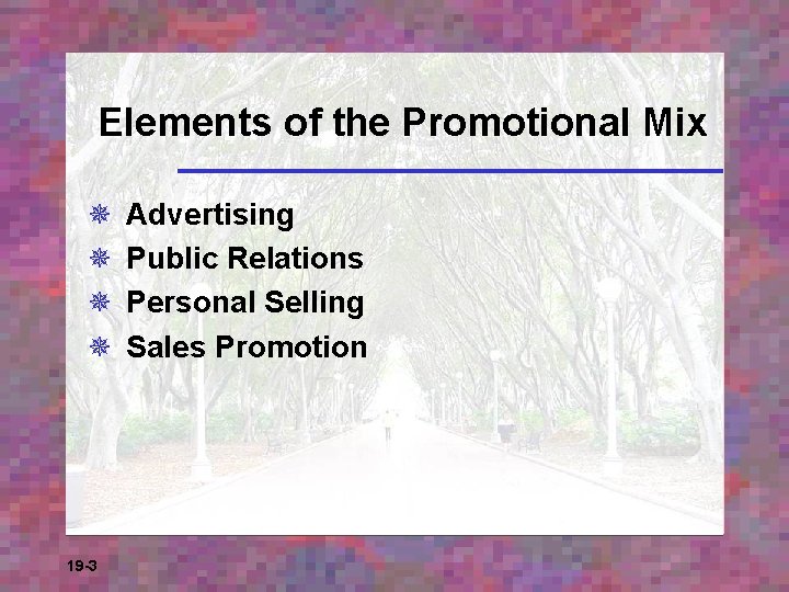 Elements of the Promotional Mix ¯ ¯ 19 -3 Advertising Public Relations Personal Selling