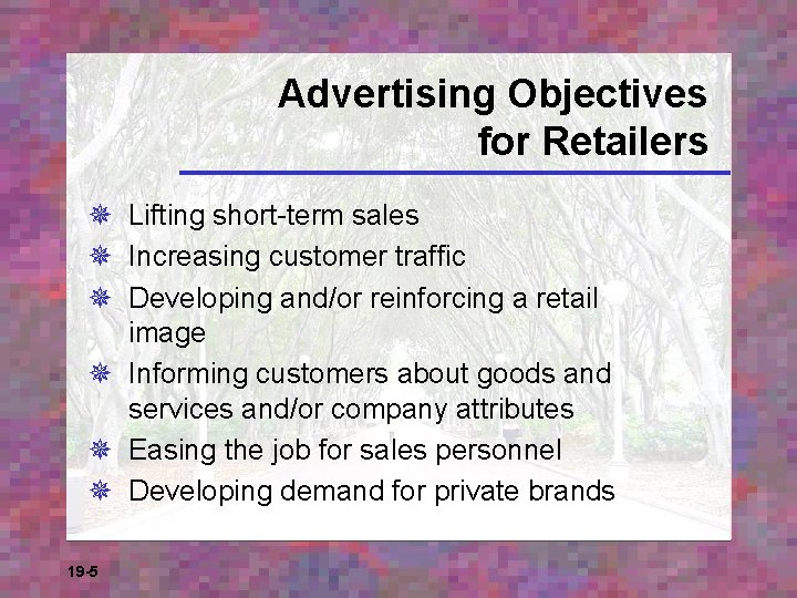 Advertising Objectives for Retailers ¯ Lifting short-term sales ¯ Increasing customer traffic ¯ Developing