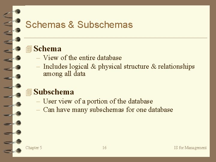 Schemas & Subschemas 4 Schema – View of the entire database – Includes logical