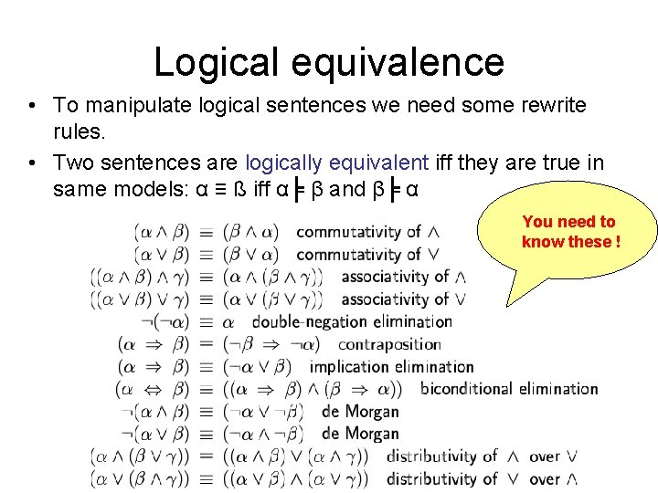 Logical equivalence • To manipulate logical sentences we need some rewrite rules. • Two Logical equivalence • To manipulate logical sentences we need some rewrite rules. • Two