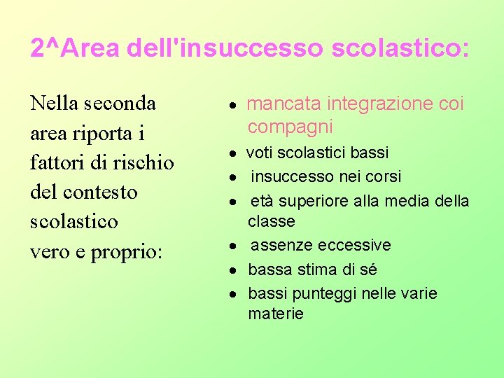 2^Area dell'insuccesso scolastico: Nella seconda area riporta i fattori di rischio del contesto scolastico 2^Area dell'insuccesso scolastico: Nella seconda area riporta i fattori di rischio del contesto scolastico
