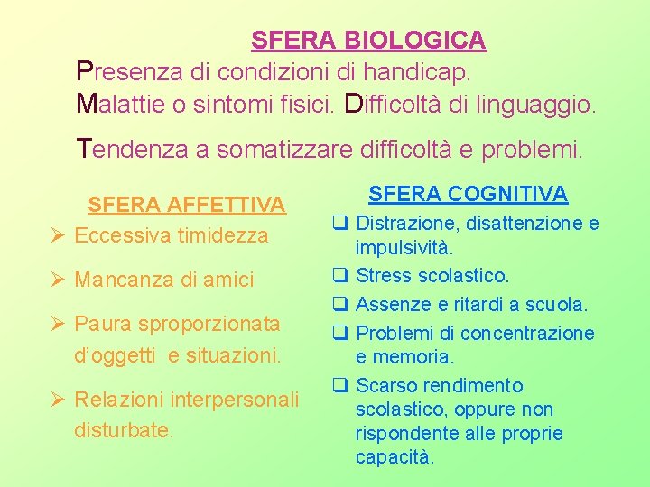 SFERA BIOLOGICA Presenza di condizioni di handicap. Malattie o sintomi fisici. Difficoltà di SFERA BIOLOGICA Presenza di condizioni di handicap. Malattie o sintomi fisici. Difficoltà di