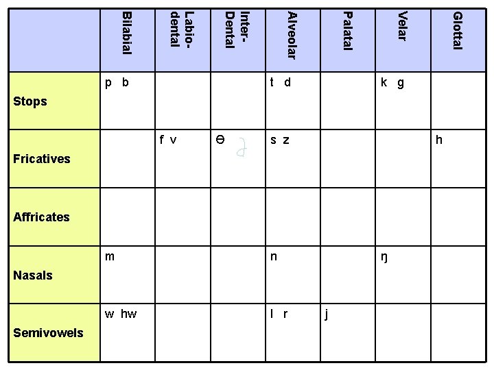 Glottal t d Velar Palatal Alveolar Inter. Dental Labiodental Bilabial p b k g