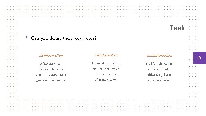 Task • Can you define these key words? disinformation malinformation that is deliberately created