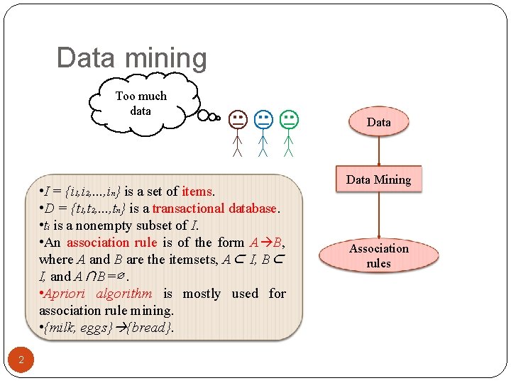 Data mining Too much data • I = {i 1, i 2, . .