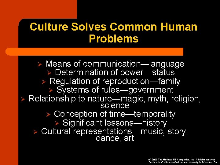 Culture Solves Common Human Problems Means of communication—language Ø Determination of power—status Ø Regulation