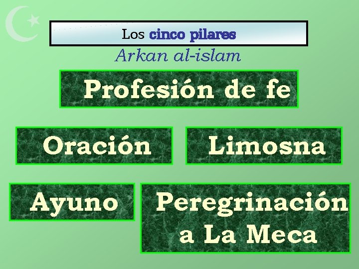  Los cinco pilares Arkan al-islam Profesión de fe Oración Ayuno Limosna Peregrinación a