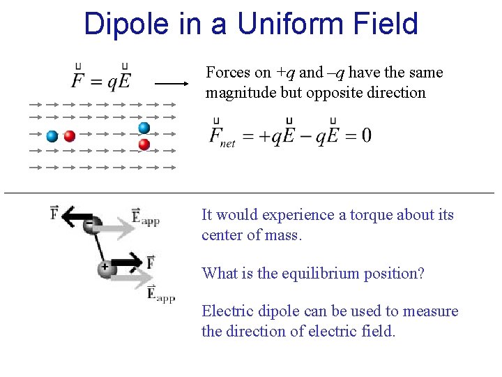 Dipole in a Uniform Field Forces on +q and –q have the same magnitude