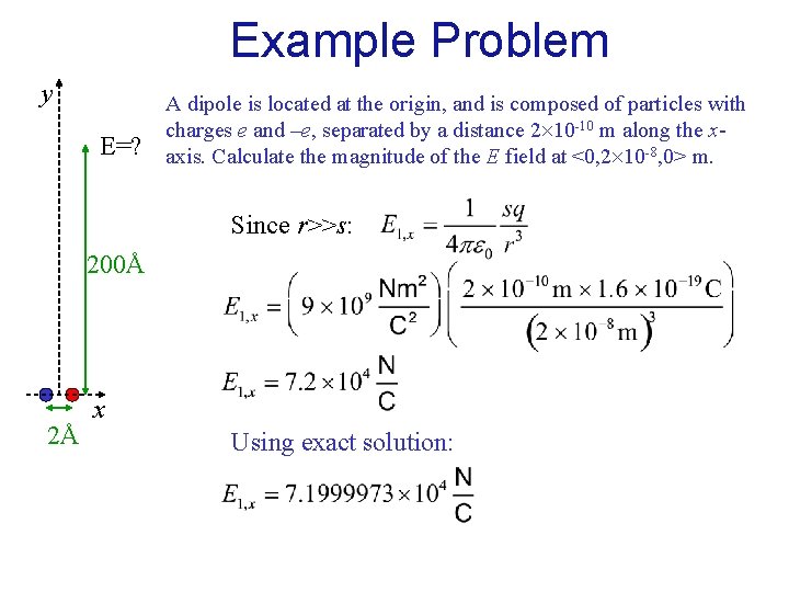 Example Problem y E=? A dipole is located at the origin, and is composed