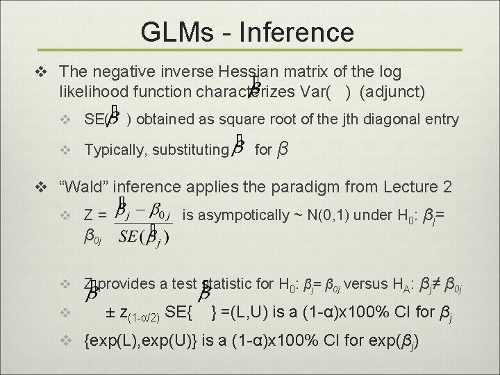 GLMs - Inference v The negative inverse Hessian matrix of the log likelihood function