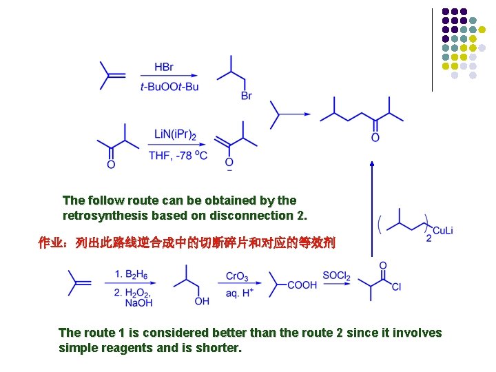 The follow route can be obtained by the retrosynthesis based on disconnection 2. 作业：列出此路线逆合成中的切断碎片和对应的等效剂