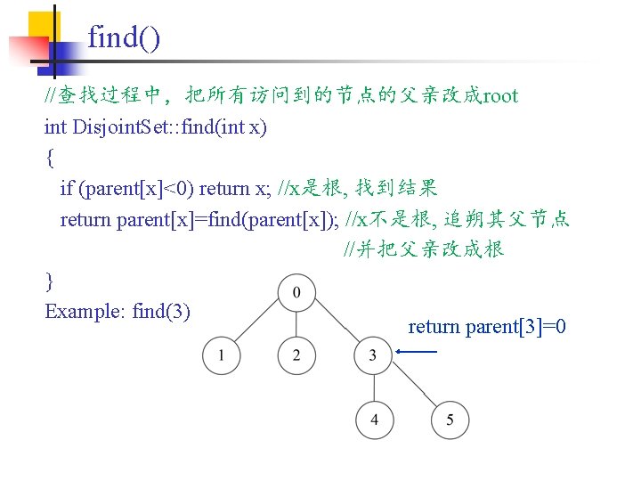 find() //查找过程中，把所有访问到的节点的父亲改成root int Disjoint. Set: : find(int x) { if (parent[x]<0) return x; //x是根,