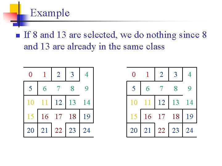 Example n If 8 and 13 are selected, we do nothing since 8 and