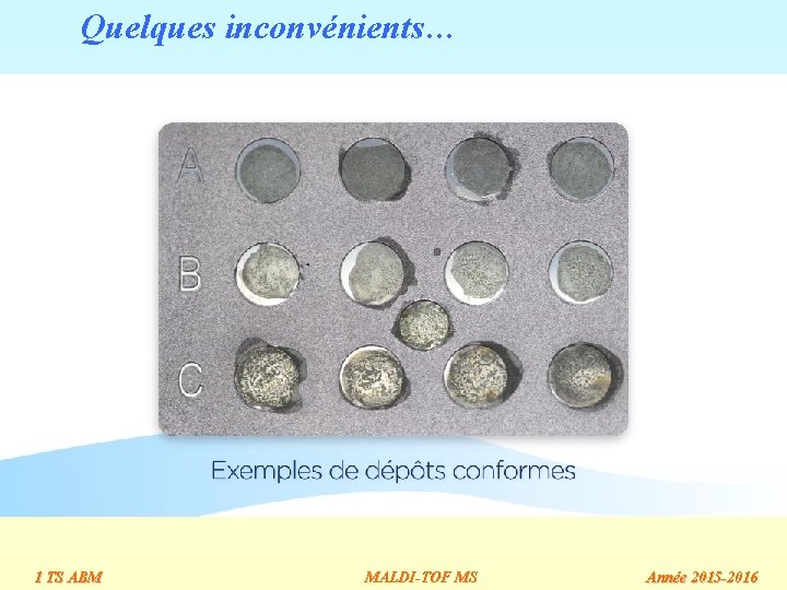 Quelques inconvénients… 1 TS ABM MALDI-TOF MS Année 2015 -2016 Quelques inconvénients… 1 TS ABM MALDI-TOF MS Année 2015 -2016