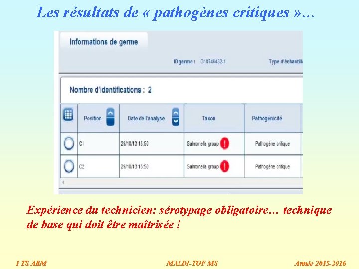 Les résultats de « pathogènes critiques » … Expérience du technicien: sérotypage obligatoire… technique Les résultats de « pathogènes critiques » … Expérience du technicien: sérotypage obligatoire… technique