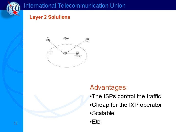 International Telecommunication Union Layer 2 Solutions Advantages: 13 • The ISPs control the traffic International Telecommunication Union Layer 2 Solutions Advantages: 13 • The ISPs control the traffic