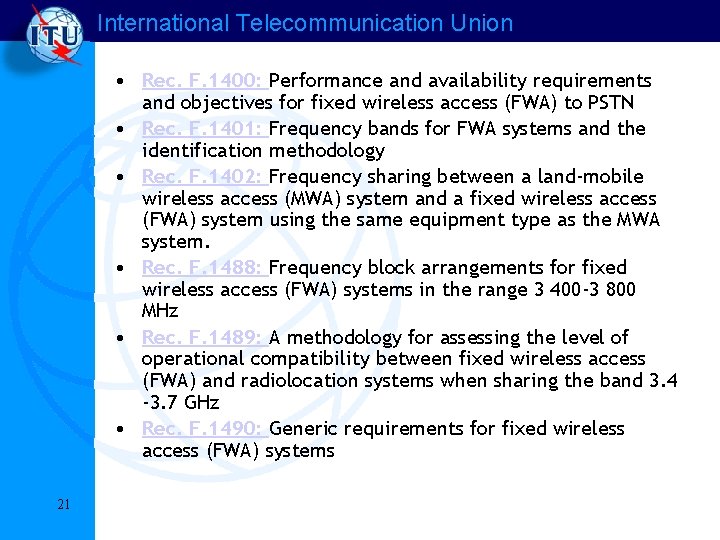 International Telecommunication Union • Rec. F. 1400: Performance and availability requirements and objectives for International Telecommunication Union • Rec. F. 1400: Performance and availability requirements and objectives for