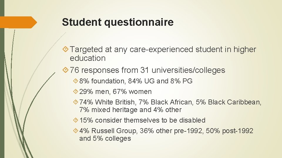 Student questionnaire Targeted at any care-experienced student in higher education 76 responses from 31