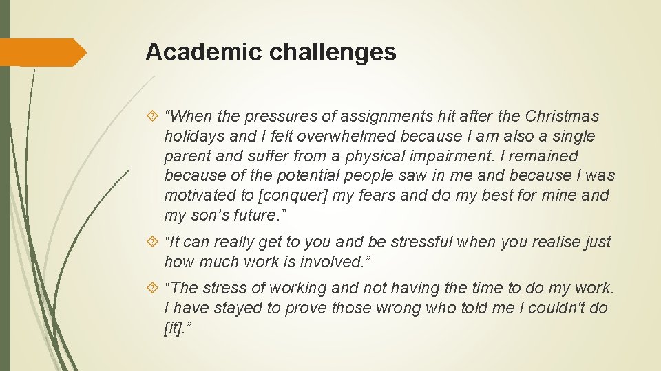 Academic challenges “When the pressures of assignments hit after the Christmas holidays and I