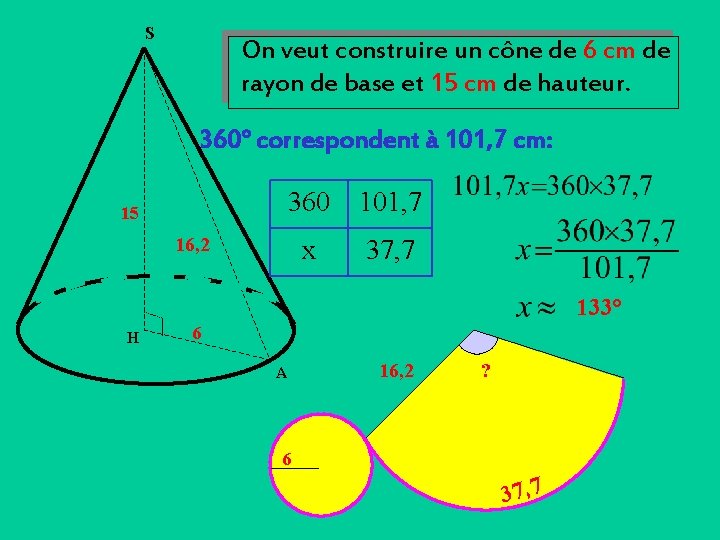 S On veut construire un cône de 6 cm de rayon de base et S On veut construire un cône de 6 cm de rayon de base et